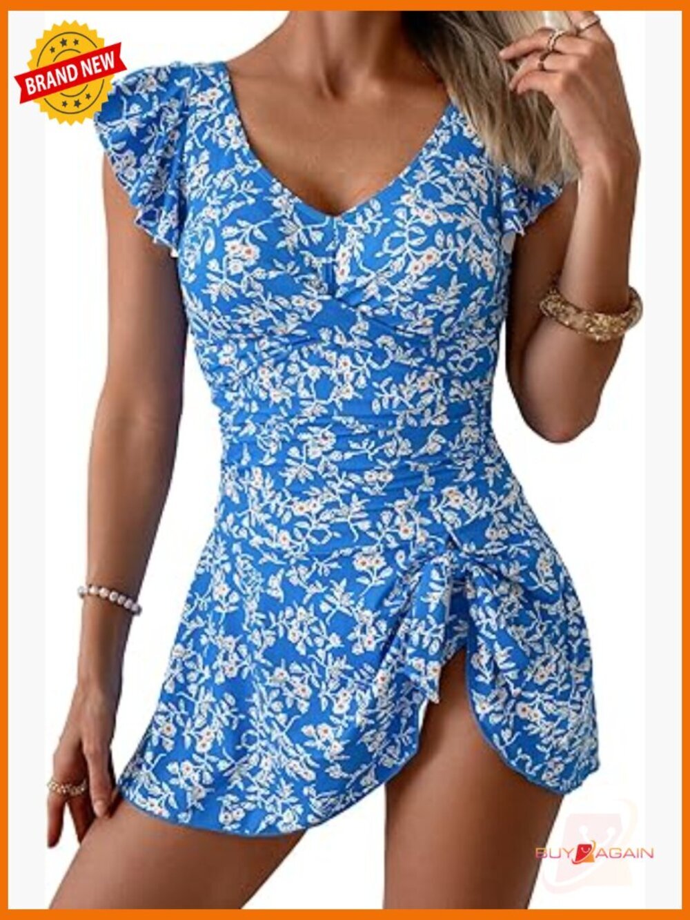 Tummy Control One Piece Swimdress with Ruffle Sleeves and V-Neck